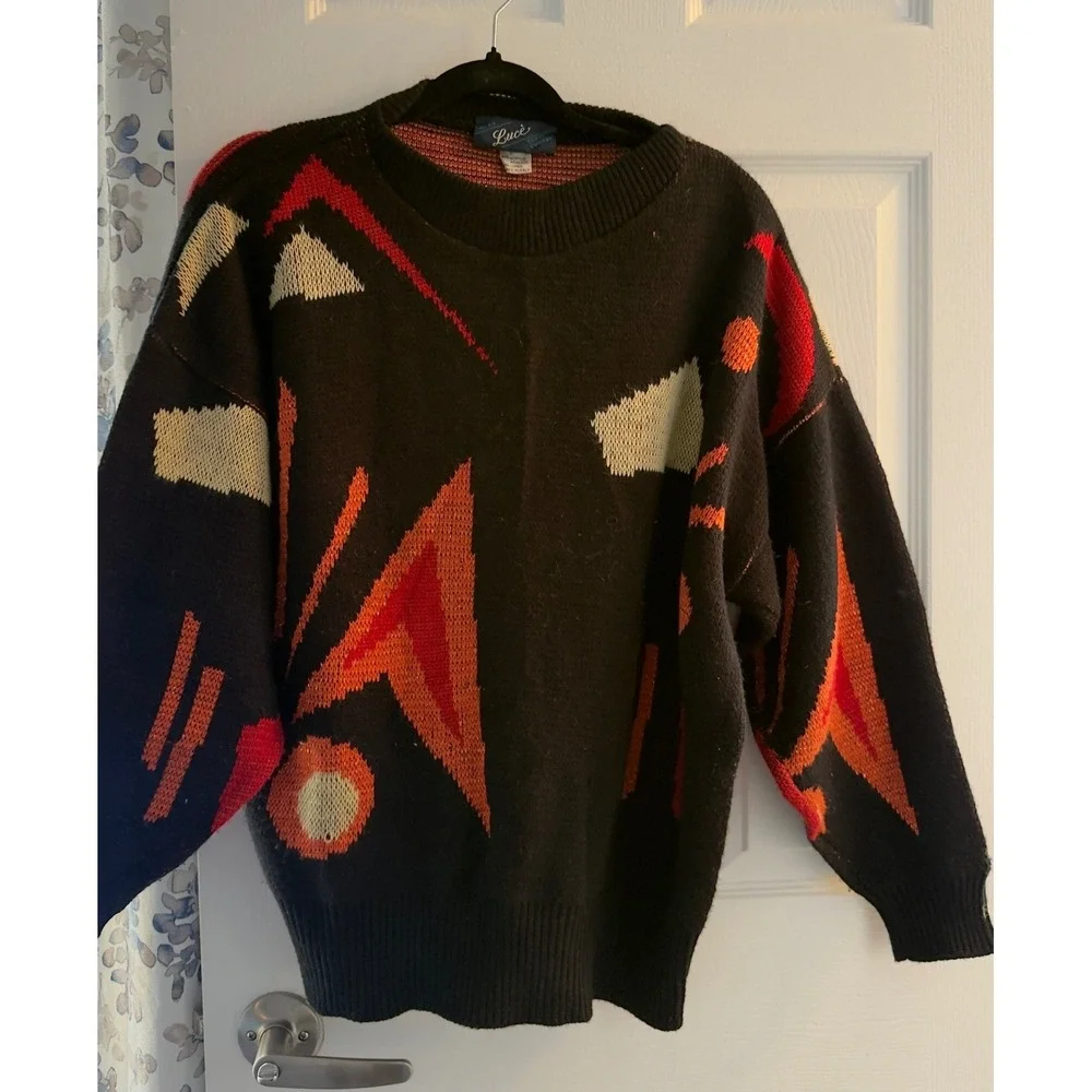 Vintage Luce Italy Abstract Geometric Lurex Knit Sweater Black Red Medium 290 - Picture 3 of 9